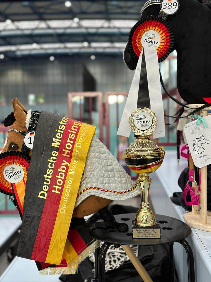 Hobby Horses vystavené se stuhami z německého mistrovství, rozetami a zlatou trofejí
