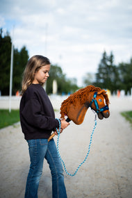 Dívka v tmavé mikině vede Hobby Horse Pippa s černou ohlávkou od LarDen po pískové cestě kolem jízdárny, s ryzákovou plyšovou hlavou a zrzavou přízovou hřívou, s ohlávkou LarDen Blue podšitou kožíškem a vodítkem Bloom Blue