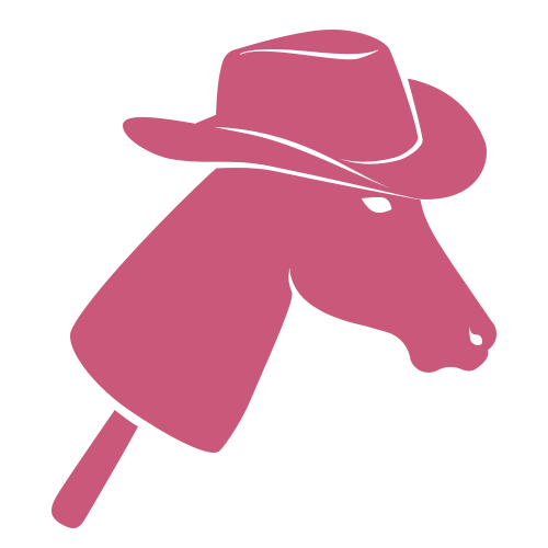 Jednoduchá ilustrace hračky Hobby Horse s kovbojským kloboukem, nakreslená plnou růžovou barvou na světlém pozadí.