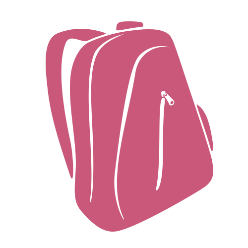 Ilustrace růžového batohu s viditelnou kapsou na zip a ramenními popruhy na světle šedém pozadí.