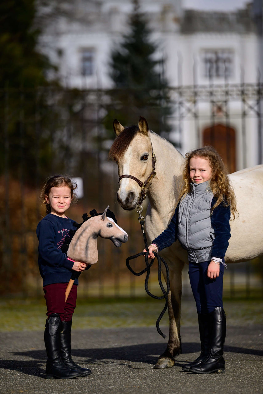 Dvě malé dívky stojí venku vedle bílého koně; jedna drží hračku hobby horse jako odraz jejich lásky k Hobby Horsing, zatímco druhá drží otěže skutečného koně. V pozadí je vidět rozmazaná budova a stromy.