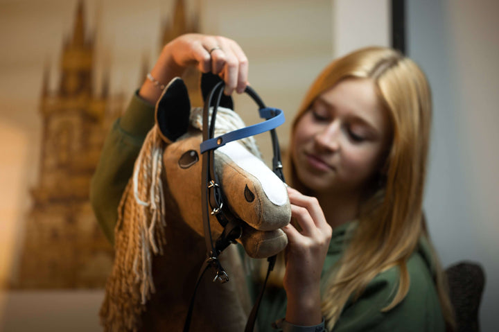 Mladá blond dívka nasazuje uzdečku svému Hobby Horse, plyšové hračce s béžovou hřívou. Soustředí se a lehce se usmívá, zatímco si v jemně rozostřeném interiéru užívá umění Hobby Horsing.