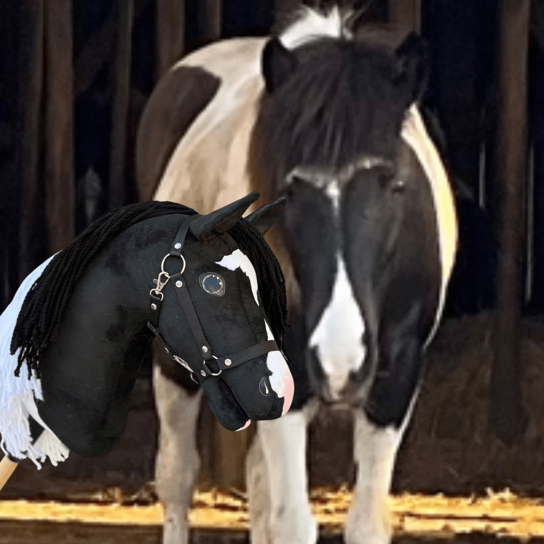 V pozadí stojí skutečný černobílý kůň, zatímco v popředí je personalizovaný Hobby Horse LarDen „Hobby Horse Koník podle fotografie“ v podobných barvách a s uzdečkou.