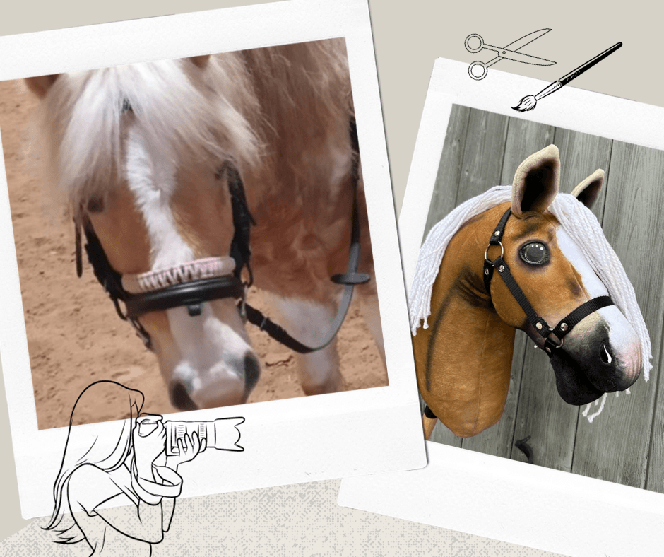 Koláž pro „Hobby Horse Koník podle fotografie“ od Hobby Horse LarDen zobrazuje skutečného béžovobílého koně s uzdečkou vedle ručně vyrobené repliky Hobby Horse a také ilustrované nůžky a fotoaparát pro kreativní doplnění.