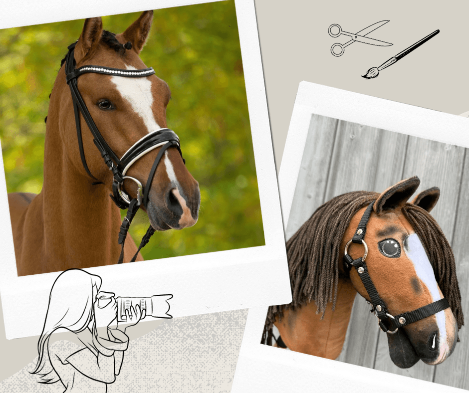 Koláž zobrazuje skutečného hnědého koně s uzdečkou vedle Hobby Horse LarDen „Hobby Horse Koník podle fotografie“, personalizovaného tak, aby odpovídal předloze, oba s podobnými uzdečkami. Ilustrovaný fotoaparát, nůžky a štětec zdůrazňují kreativní proces.