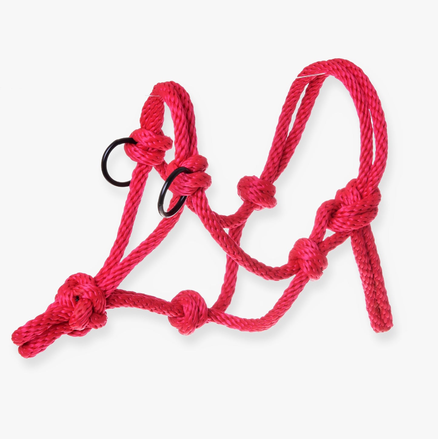 Parelka červená bez omotu od Hobby Horse LarDen má několik uzlů a dva černé kovové kroužky, díky čemuž je ideální pro Hobby Horse. Zobrazená na bílém pozadí.