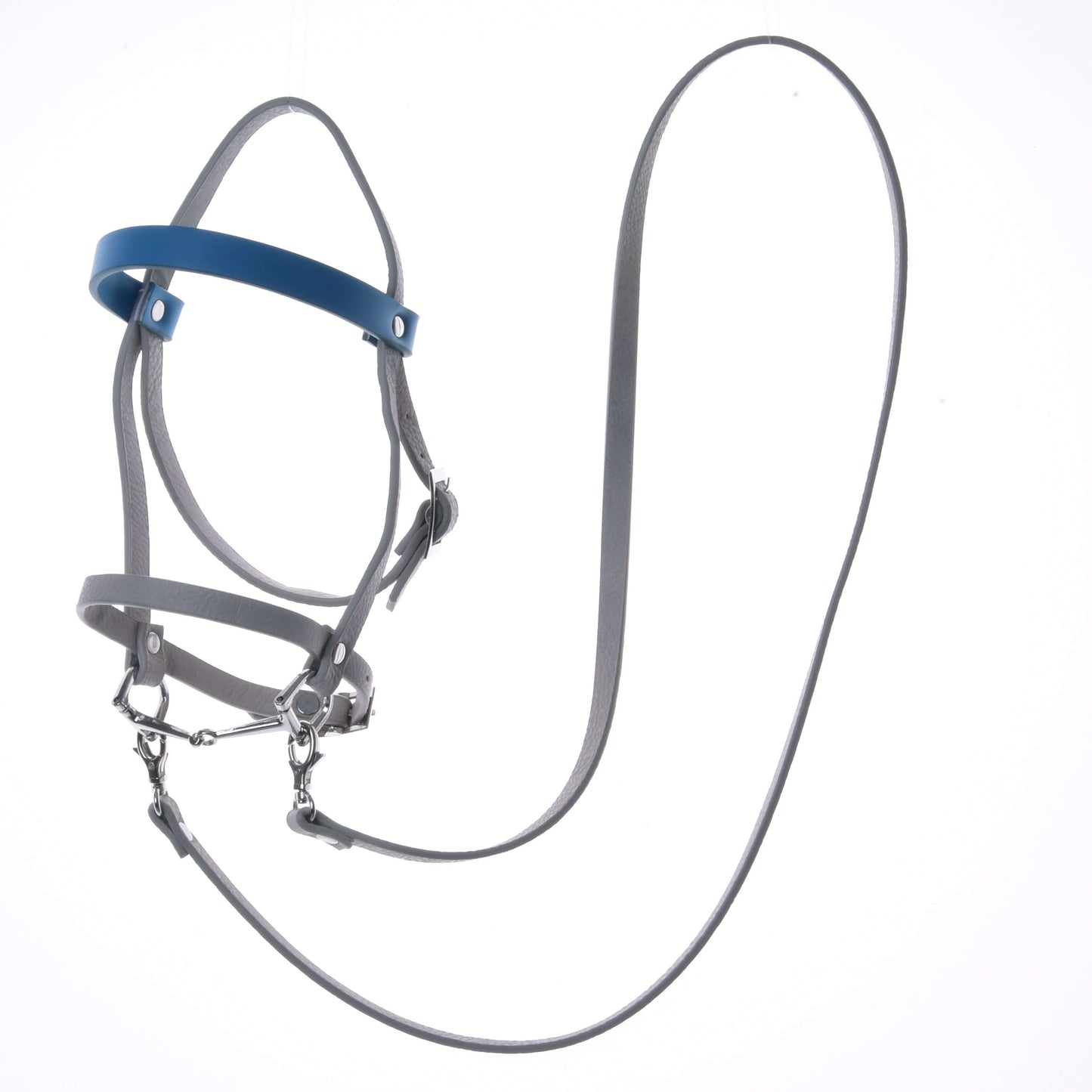 Koženkový set Aqua - uzdečka, otěže a martingal od Hobby Horse LarDen, včetně uzdečky, otěží a martingalu, na bílém pozadí – ideální pro Hobby Horse a perfektní doplněk ke každé uzdečce.