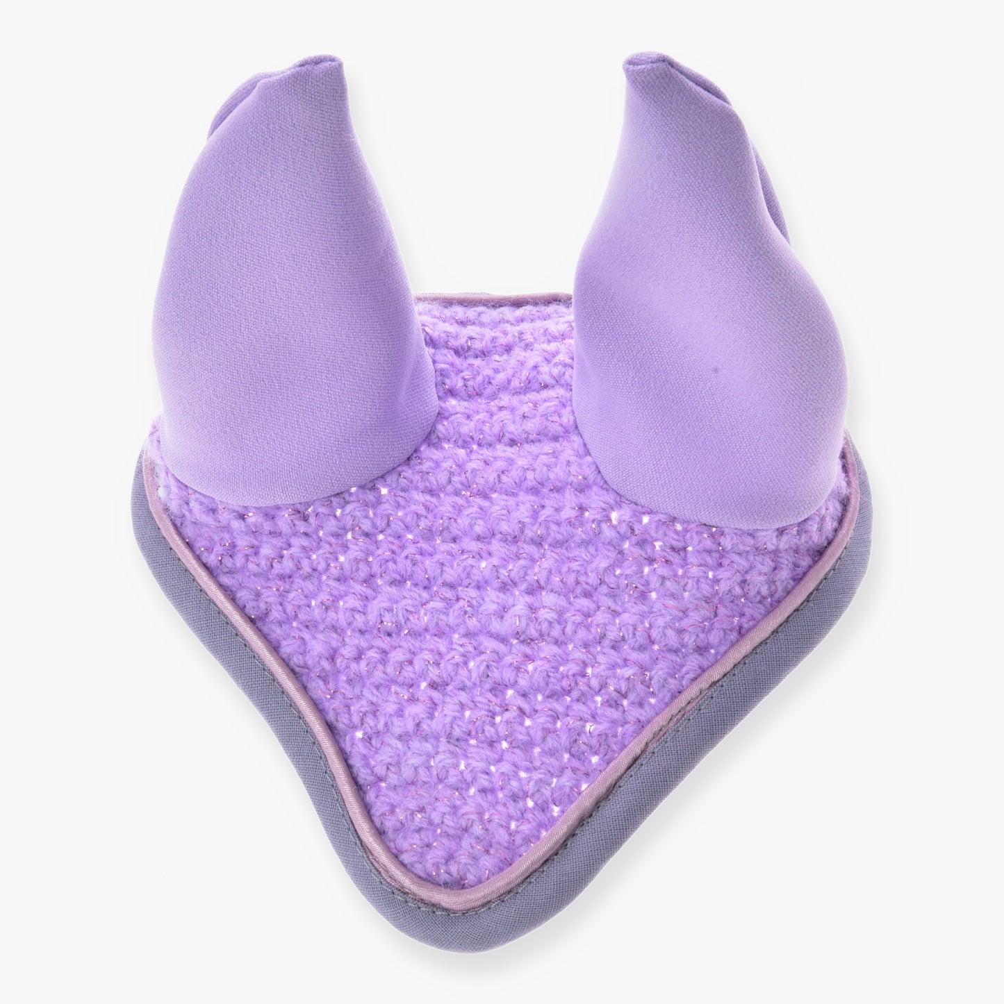 Čabraka Orchid od Hobby Horse LarDen, fialová háčkovaná čabraka s měkkými látkovými kryty uší a šedým lemem, navržená k ochraně koní před hmyzem a pro větší pohodlí.
