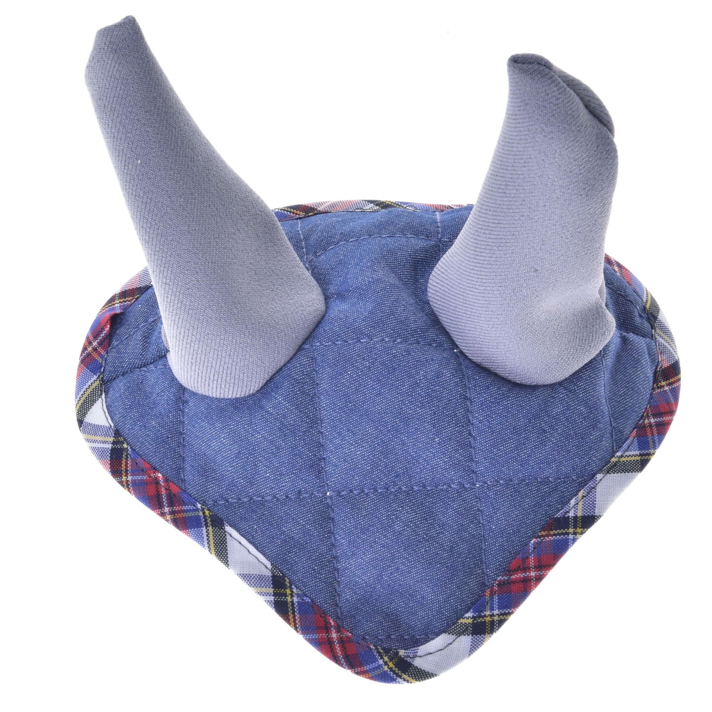 Set Jeans od Hobby Horse LarDen je hravá koňská dekorace z modré prošívané látky se dvěma šedými rohy a kostkovaným lemem, vyfotografovaná na bílém pozadí.