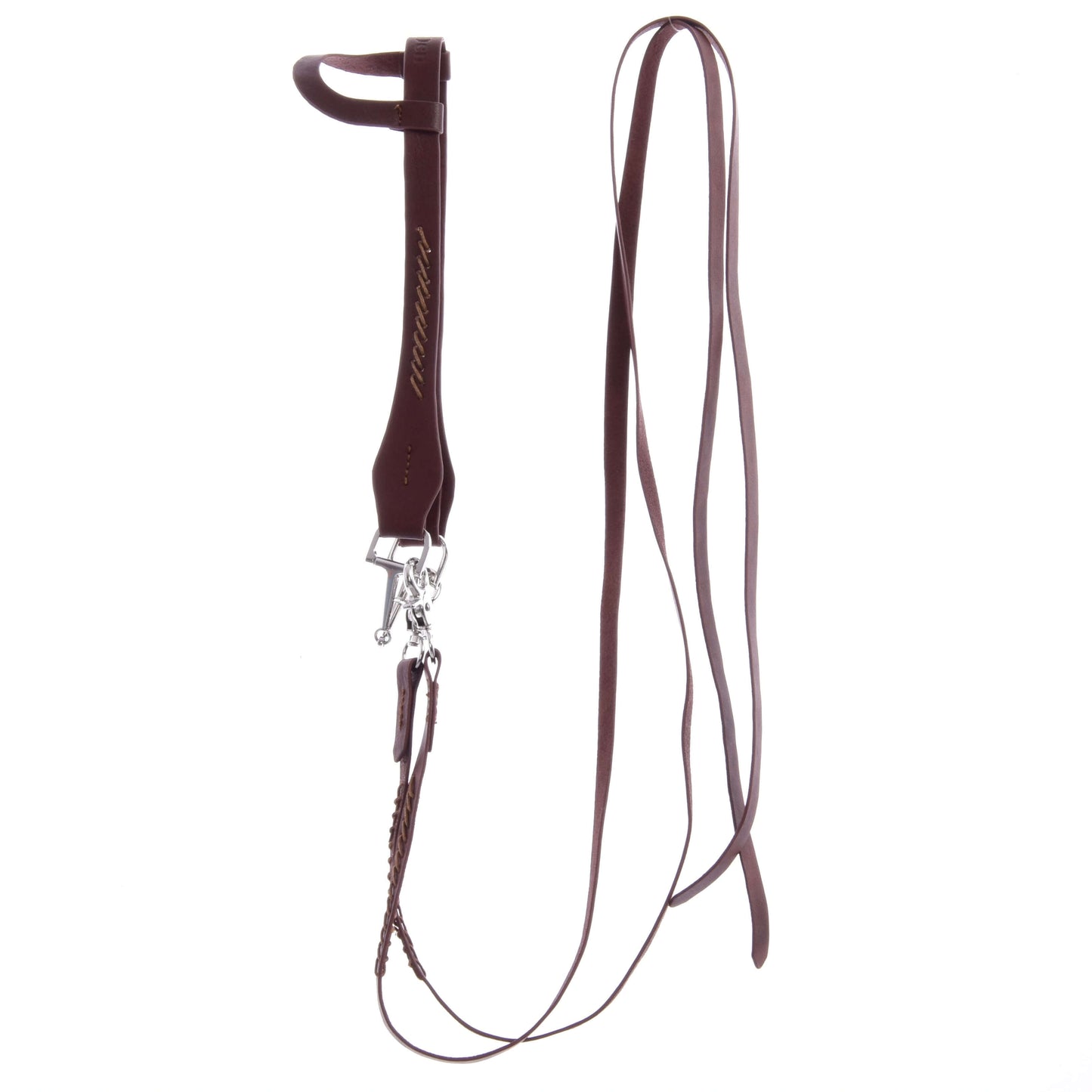 Kompletní westernová uzdečka jednouška z kůže od Hobby Horse LarDen je hnědá kožená uzdečka s dělenými otěžemi, kovovým kováním a posuvným ušním poutkem na bílém pozadí.