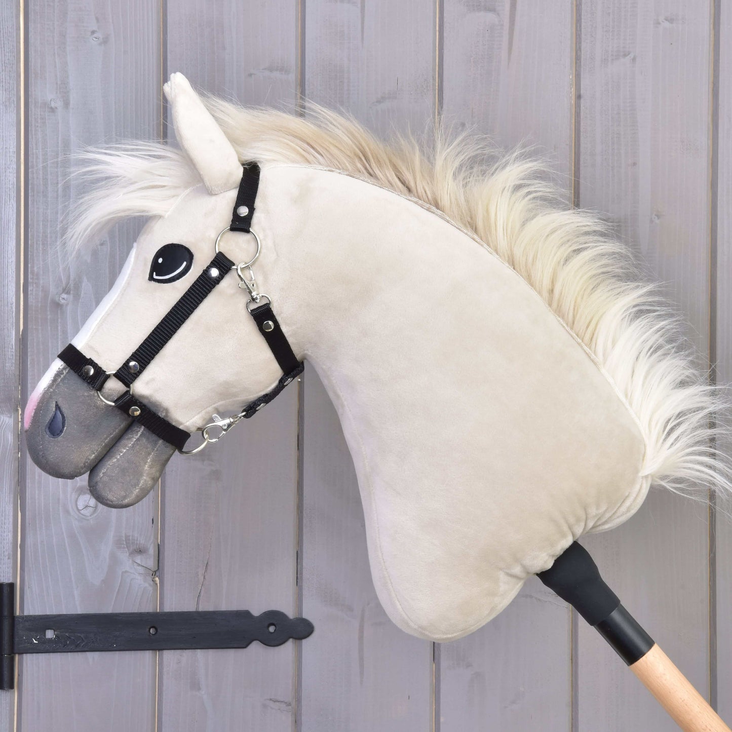 Hobby Horse Pixie s černou ohlávkou od Hobby Horse LarDen má plyšové béžové provedení inspirované plemenem Akhal-Teke, bílou hřívu, černou ohlávku a dřevěnou tyč, vystavené před světle šedou dřevěnou stěnou.