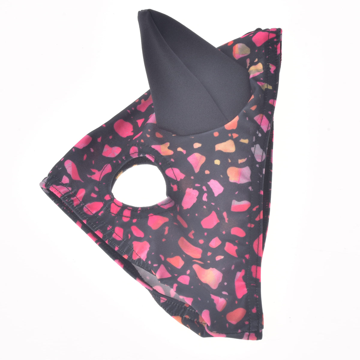 Hobby Horse Horse Mask Roxy in black lycra with pink, red and orange abstract pattern