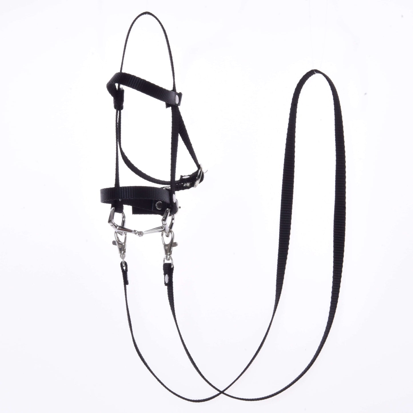Kompletní černá uzdečka z popruhu II od Hobby Horse LarDen, včetně kovových karabin, připojených otěží a vodítka, je zavěšená na bílém pozadí.