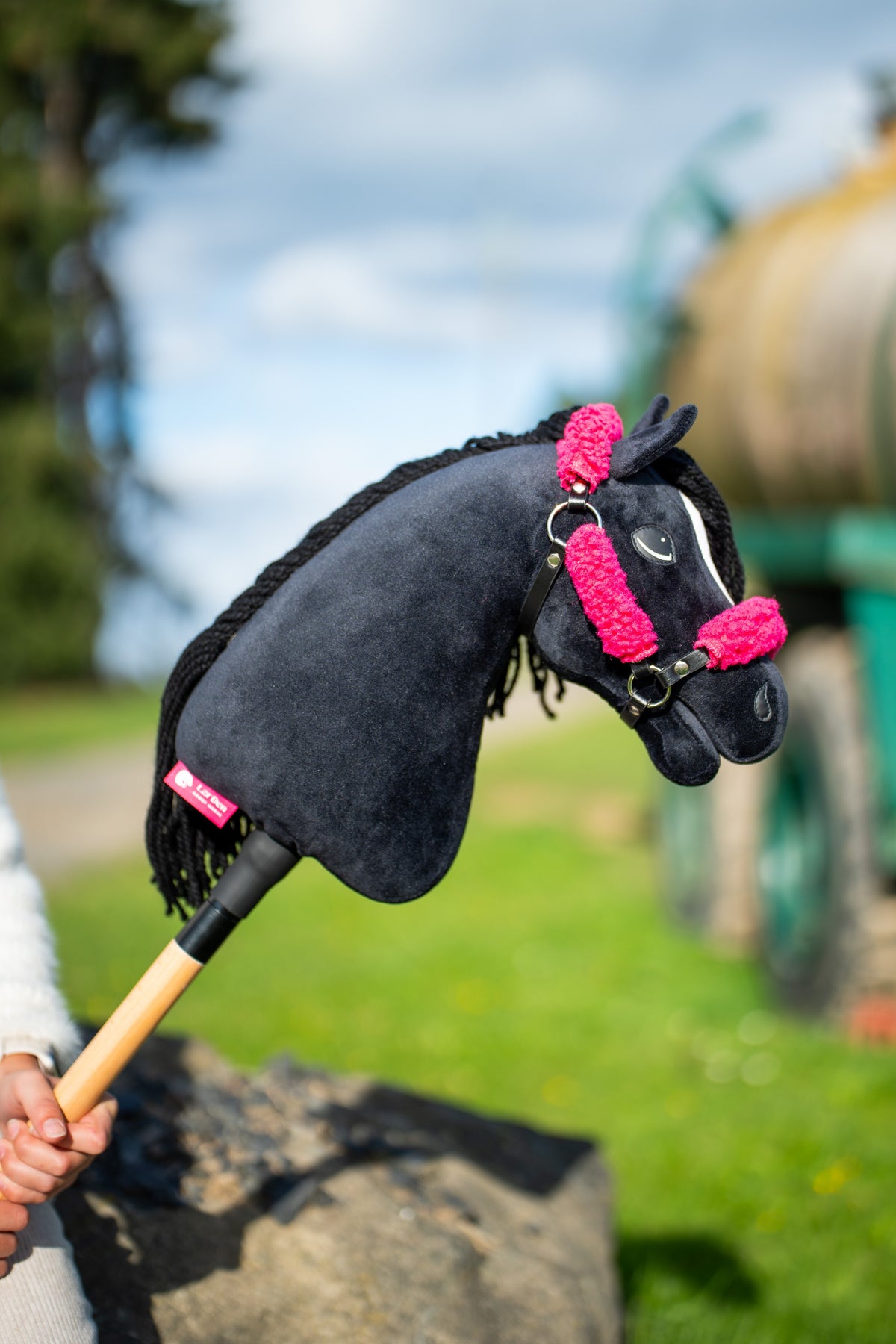 Hlava a krk Hobby Horse Cloony s černou ohlávkou od Hobby Horse LarDen držené proti zatažené obloze, černý plyš, bílá hvězda, černá přízová hříva, s černou ohlávkou z koženky s kompletní růžovou kožešinou