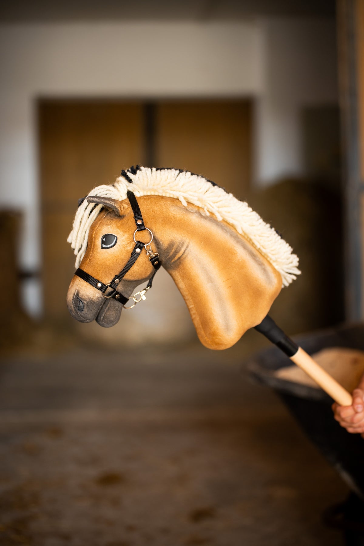 Hlava Hobby Horse Colby s černou ohlávkou od Hobby Horse LarDen držená ve stáji před rozmazanými boxy, plyš palomino, krémová přízová hříva a ofina, černá ohlávka