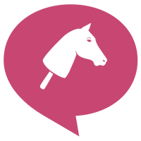 Bílá silueta hlavy hobby horse na tyči je umístěna uprostřed velké růžové komiksové bubliny na světle šedém pozadí, evokující hravého ducha hobby horsing.