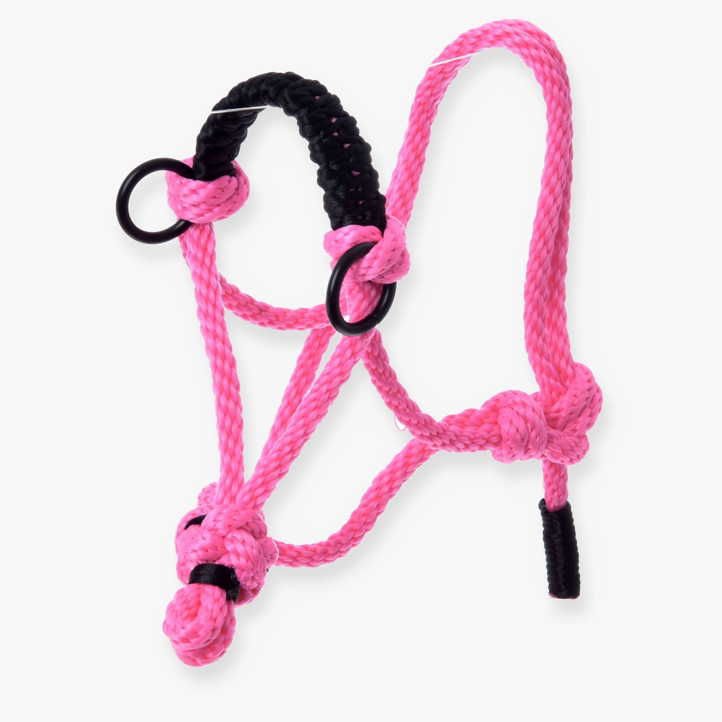 Parelka Pink od Hobby Horse LarDen s černými akcenty a kovovými kroužky, vyrobená z pleteného lana s nastavitelnými uzly a smyčkami pro dokonalé padnutí jako doplněk pro Hobby Horse.
