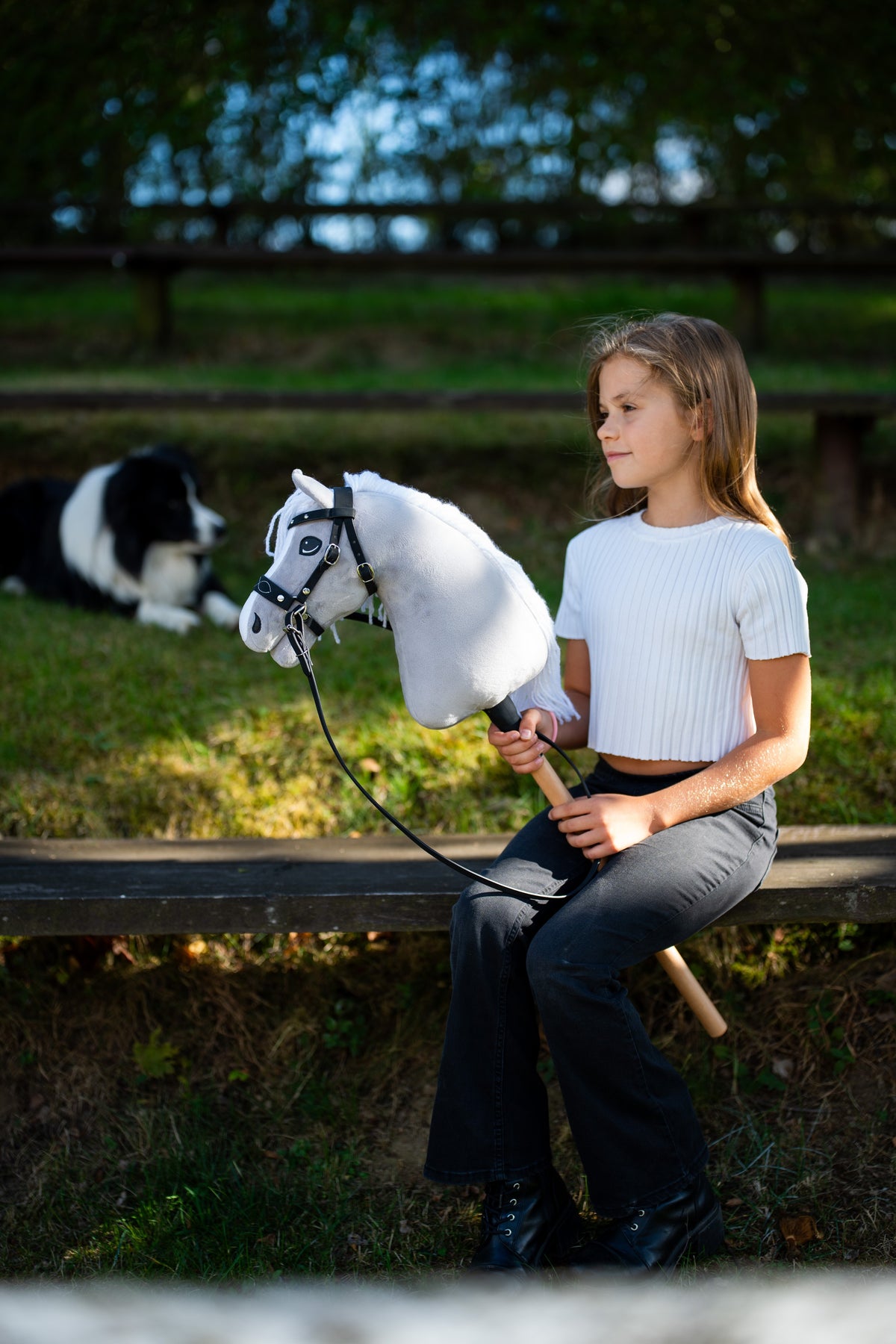 Dívka v bílém topu sedí v večerním slunci na zahradní lavičce a drží Hobby Horse Popcorn s černou ohlávkou od LarDen, za ní odpočívá border kolie, s bílou plyšovou hlavou a bílou přízovou hřívou, se zdobenou bezudidlovou uzdečkou