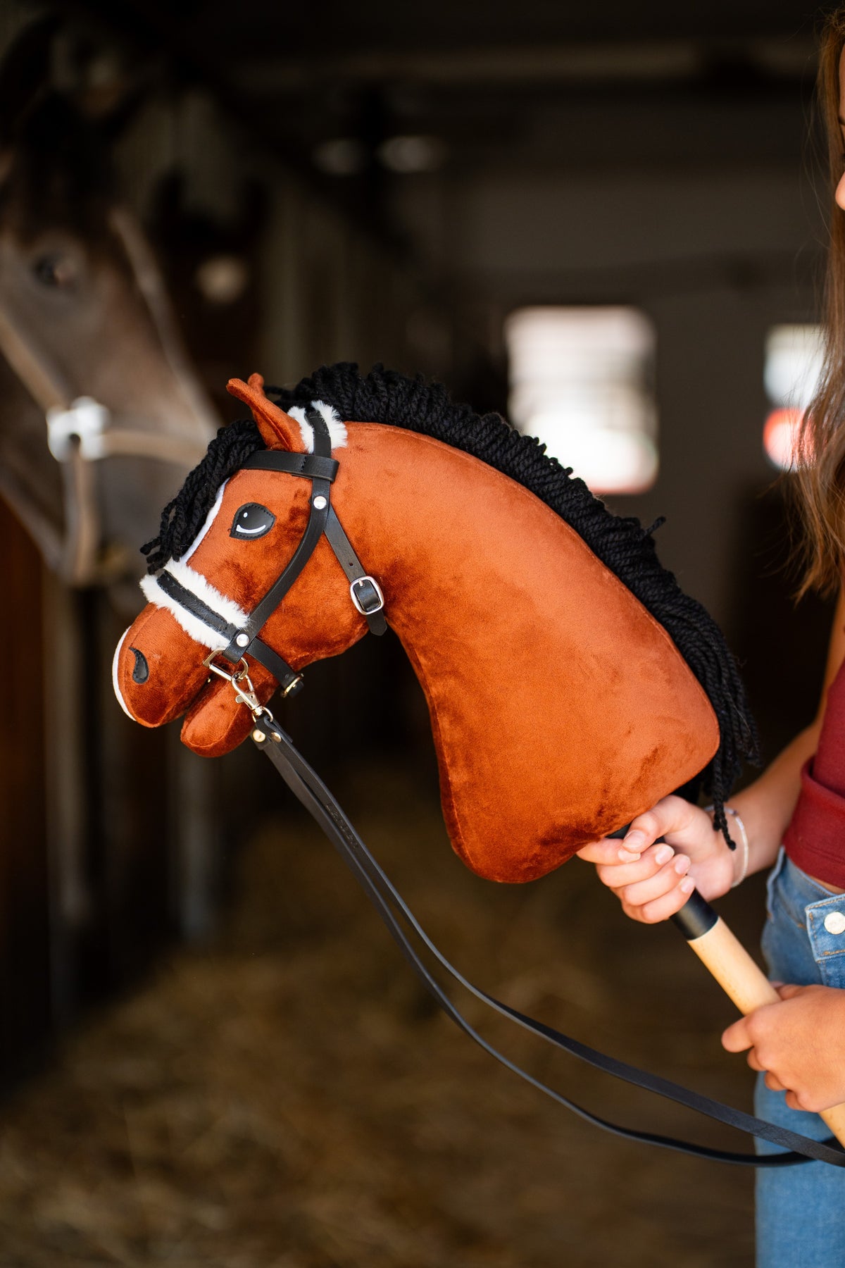 Hlava Hobby Horse Rocky od Hobby Horse LarDen ve stáji se skutečným koněm rozmazaným v pozadí, z ryzákově hnědého plyše s bílou lysinou a černou přízovou hřívou, s kompletní černou uzdečkou s kožešinou a otěžemi