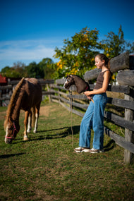 Lifestyle photo: a girl in a brown top and jeans stands at a wooden paddock fence holding the Hobby Horse Sisi with Black Halter by Hobby Horse LarDen - dark brown plush head with a black yarn mane and a white blaze - a chestnut pony grazing behind her, shown here with the Set LarDen Exclusive Braun halter and braided lead.