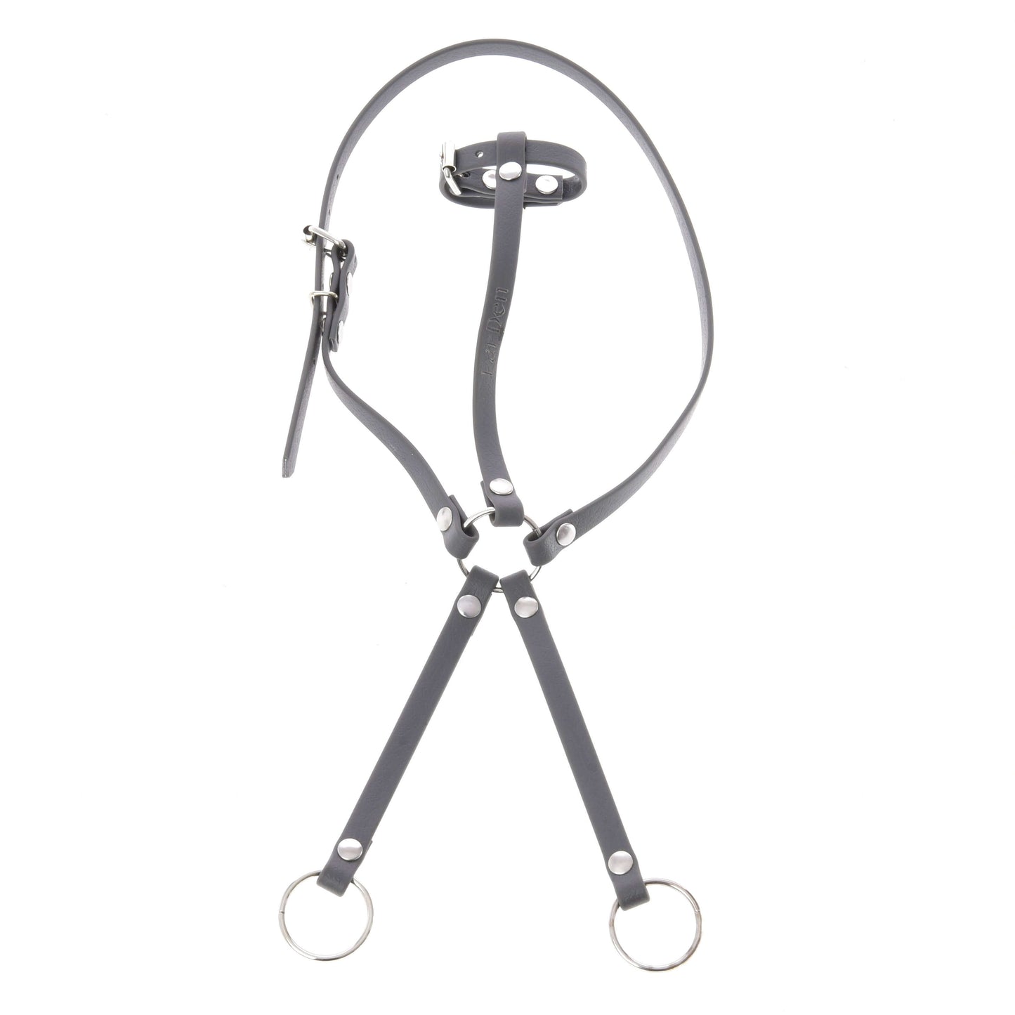 Martingale tmavě šedá od Hobby Horse LarDen z koženky s kovovou přezkou, nastavitelnými řemínky a dvěma kovovými kroužky na koncích, zobrazená naplocho na bílém pozadí.