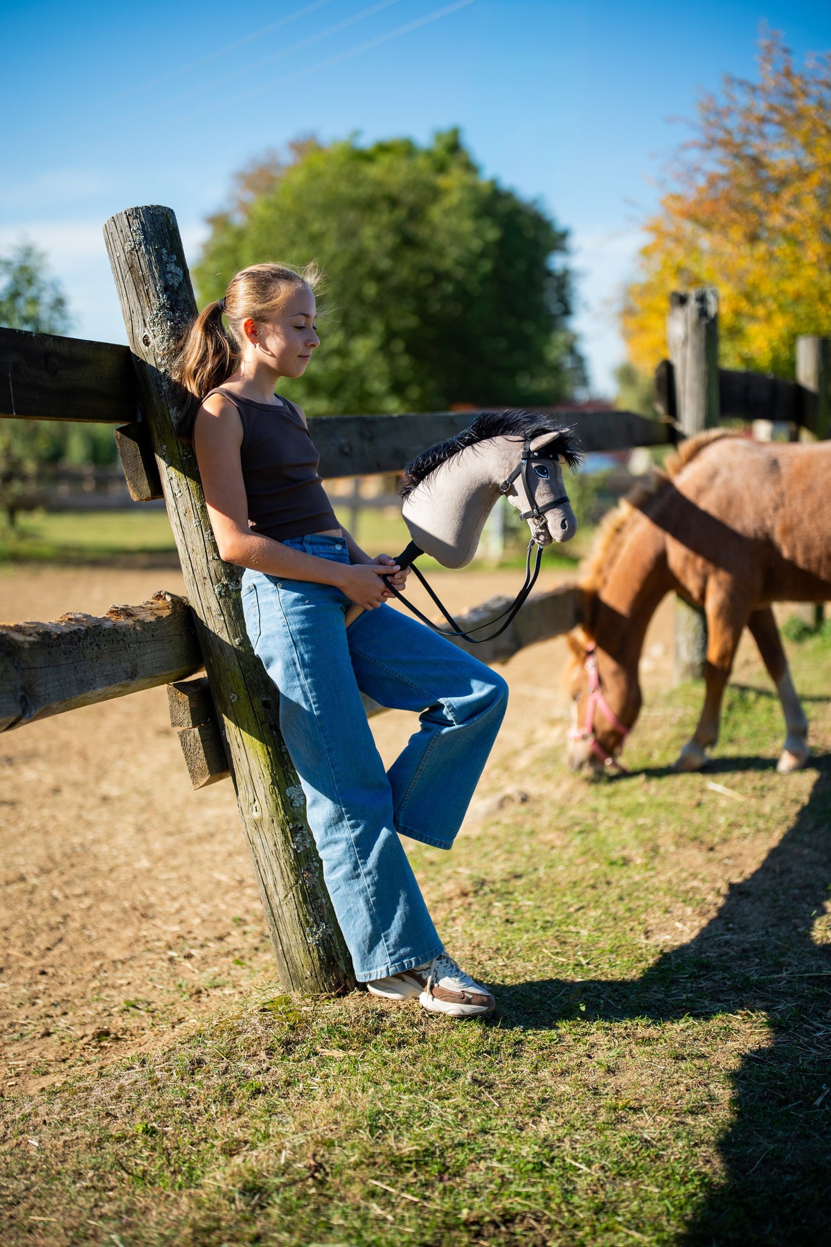Dívka v hnědém topu a džínách se opírá o dřevěný sloupek plotu a drží Hobby Horse Thor s Black Ohlávkou od Hobby Horse LarDen, šedou plyšovou hlavu s černou přízovou hřívou, za ní se na ohradě pase poník, s černou uzdečkou Complete s diamanty