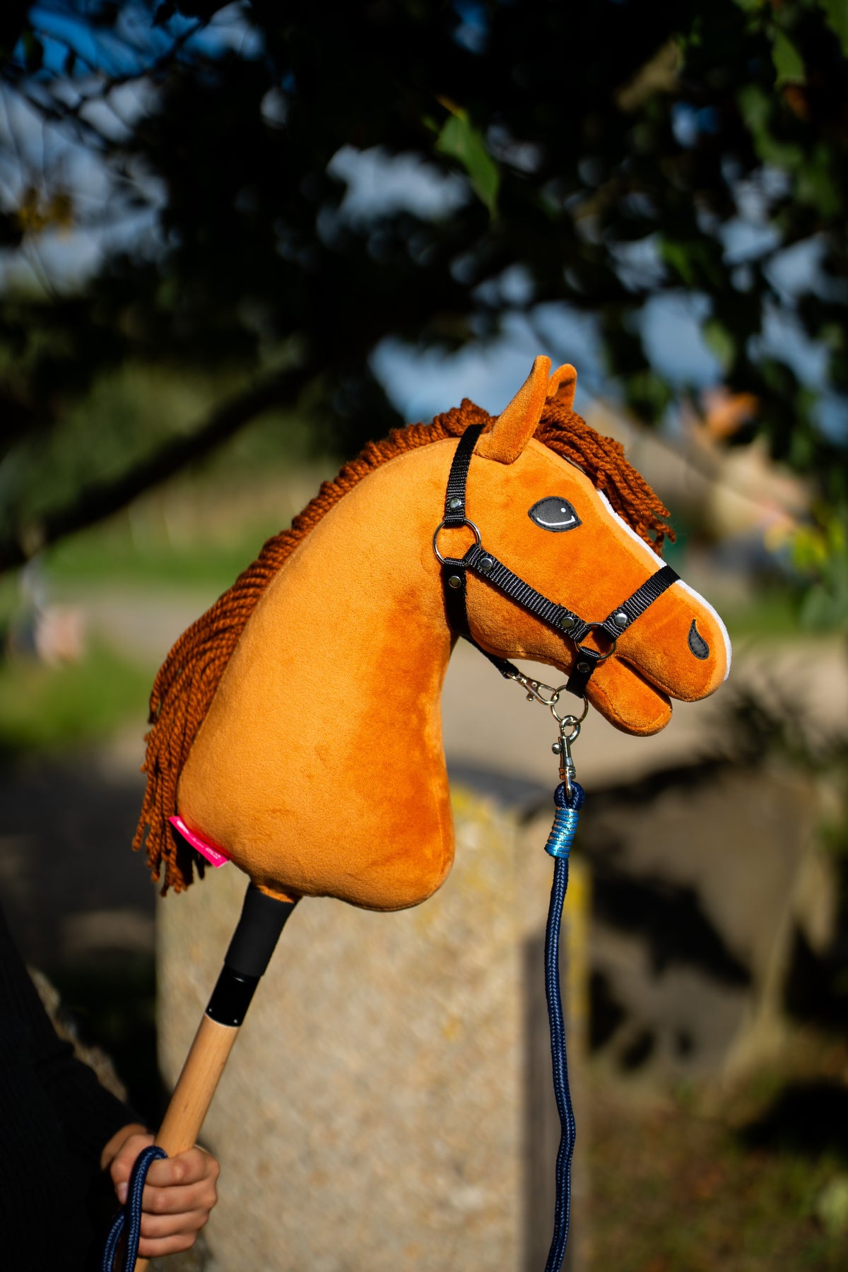 Hlava Hobby Horse Wendy s černou ohlávkou od LarDen je zvednutá v teplém večerním světle, se světle ryzákovým plyšem, zrzavou přízovou hřívou a ofinou, s vodítkem Blues s pruhy z lana