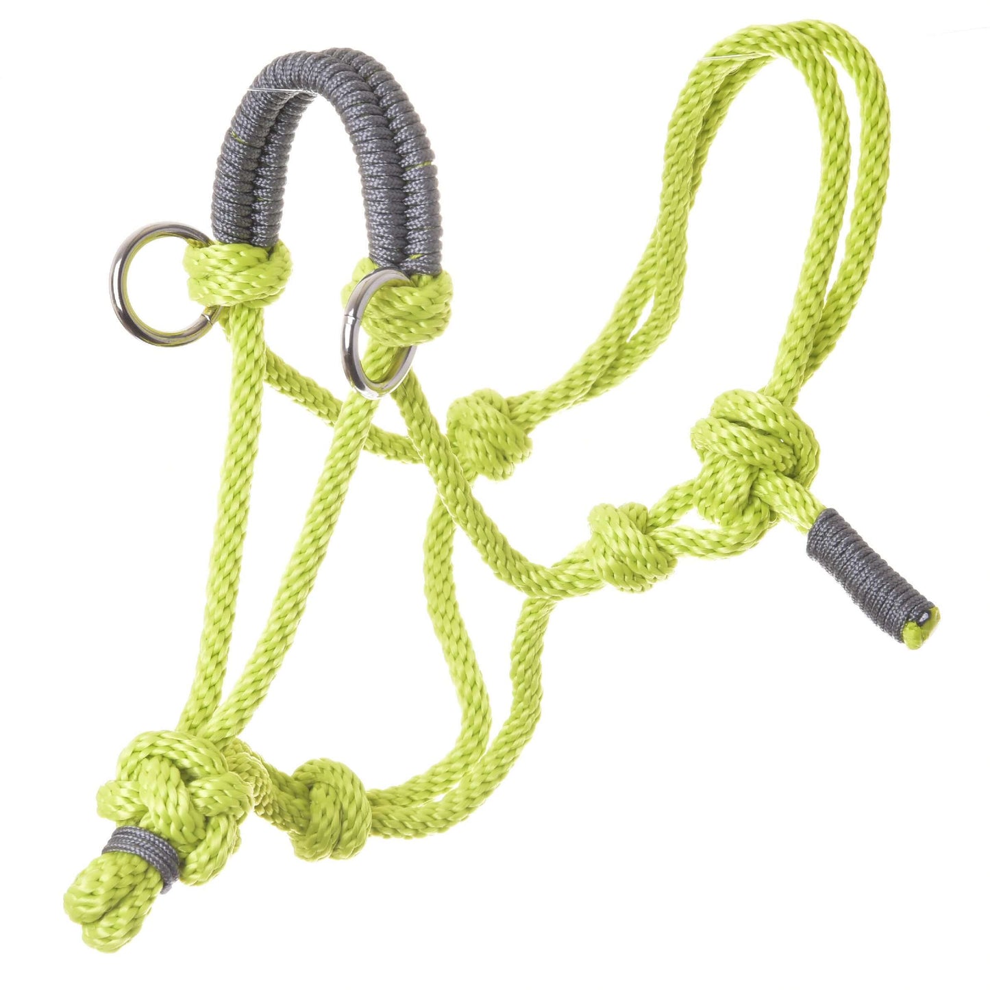 Provazový set Limetka (vel. M) od Hobby Horse LarDen je neonově žlutá provazová ohlávka se šedými akcenty a kovovými kroužky, s několika uzly pro nastavení – ideální ke kombinaci s limetkovými otěžemi k ohlávce nebo jako doplněk do vaší kolekce ručně vyráběného jezdeckého vybavení.