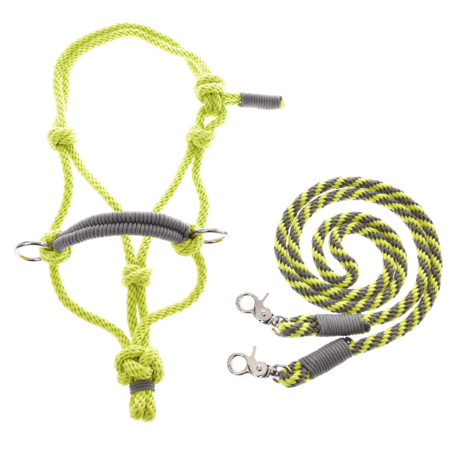 Provazový set Limetka (vel. M) od Hobby Horse LarDen obsahuje jasně žluté a šedé lano s kovovými kroužky a ladící kroucené provazové vodítko, obojí s kovovými karabinami, na bílém pozadí.