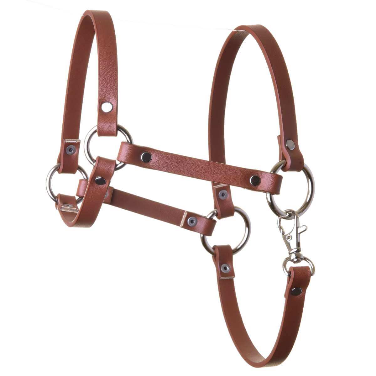 Ohlávka - hnědá koženka od Hobby Horse LarDen s kovovými kroužky a karabinou, nabízí stylový a odolný způsob, jak vést nebo uvázat vašeho Hobby Horse.