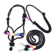 Provazový set Duha od Hobby Horse LarDen obsahuje černou ohlávku a vodítko s duhovými akcenty z nitě a kovovými karabinami, ideální pro aktivity s Hobby Horse, zobrazený na bílém pozadí.